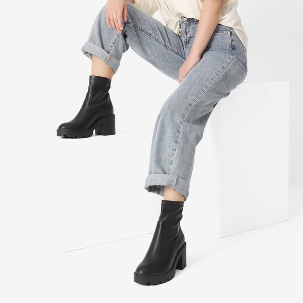 Elastic Chunky Heel Lug Sole Booties - BLACK PU - 1